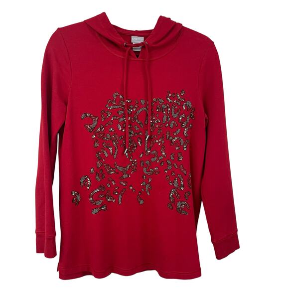 Chico's Red Sequin Animal Print Pullover Hoodie Top Womens 4/6 - Picture 1 of 6